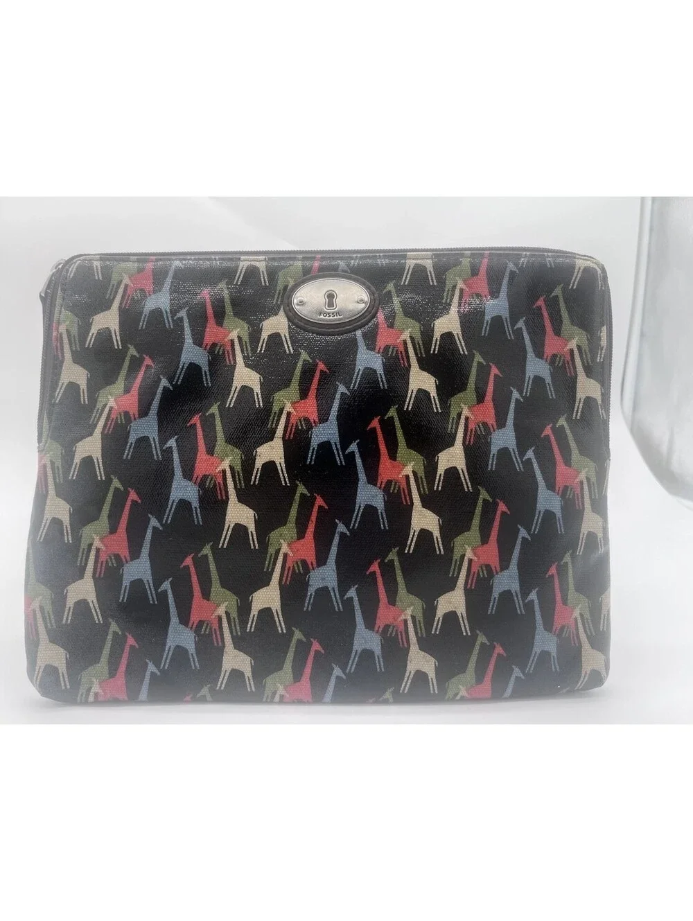 Fossil Key-Per Leather Giraffe Print Zip Pouch Makeup Bag Travel Organizer